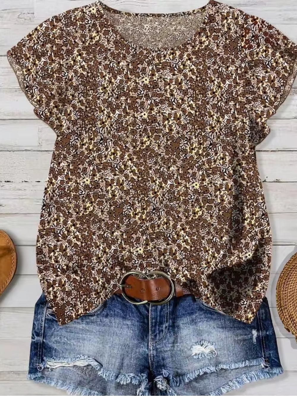 SHEIN Brown Floral Flutter Sleeve Top - 2X